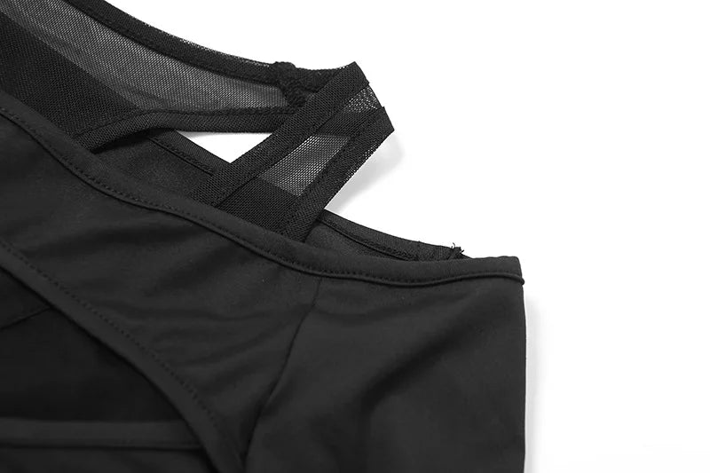Goth Dark Cyber Y2k Punk Hollow Out Sexy Bodysuits Mall Gothic Bodycon Mesh Sheer T-shirts Women Long Sleeve Patchwork Bodysuit