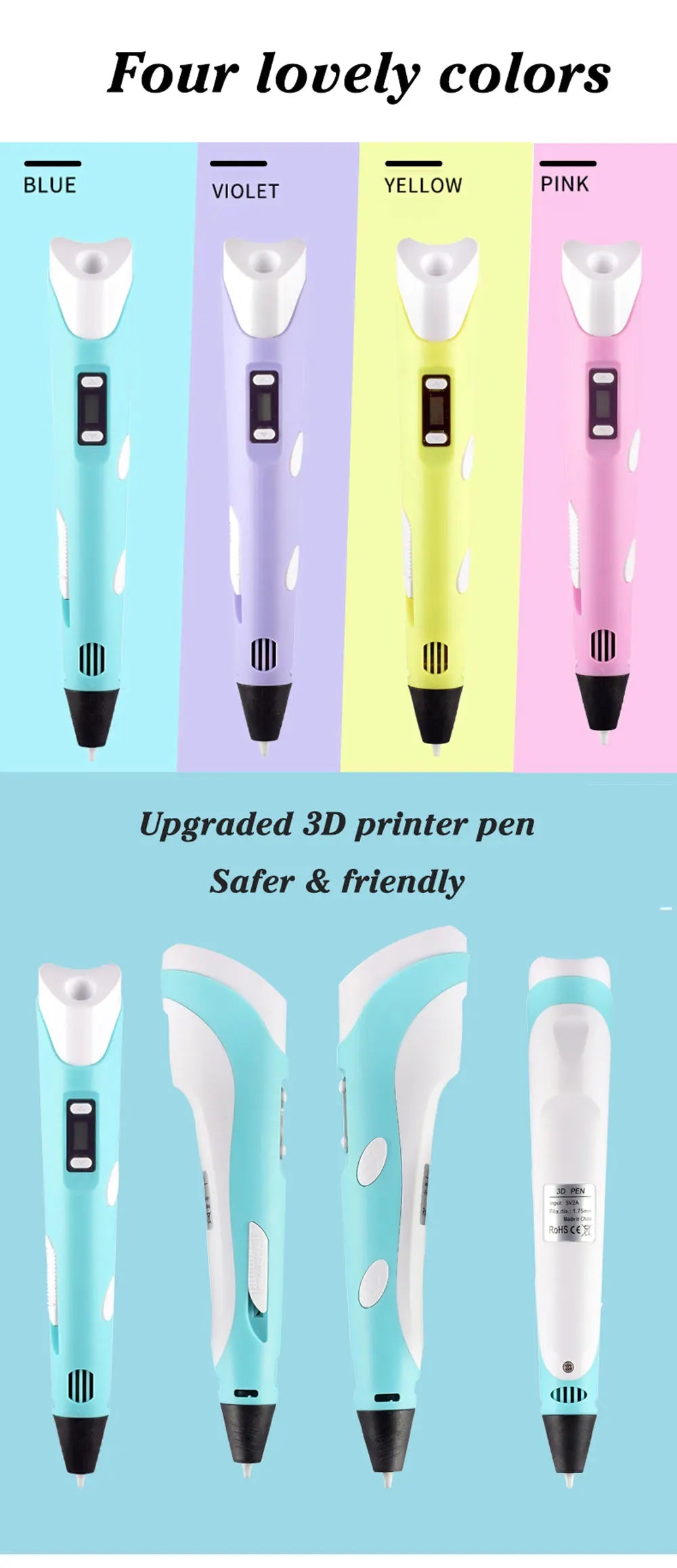 3D Pen Drawing Printing Pen With LCD Screen Compatible PLA Filament Toys Safe Paiting for Children DIY Christmas Birthday Gift