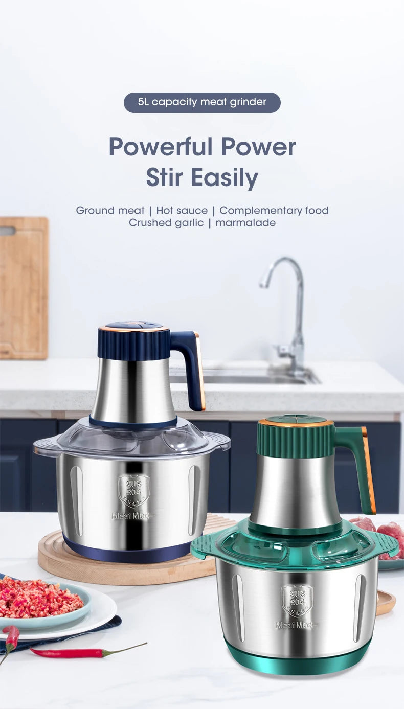 Electric Meat Grinder 5L Large Capacity Stainless Steel Multifunctional Meat and Vegetable Slicing Grinder Flour Mixer Kitchen