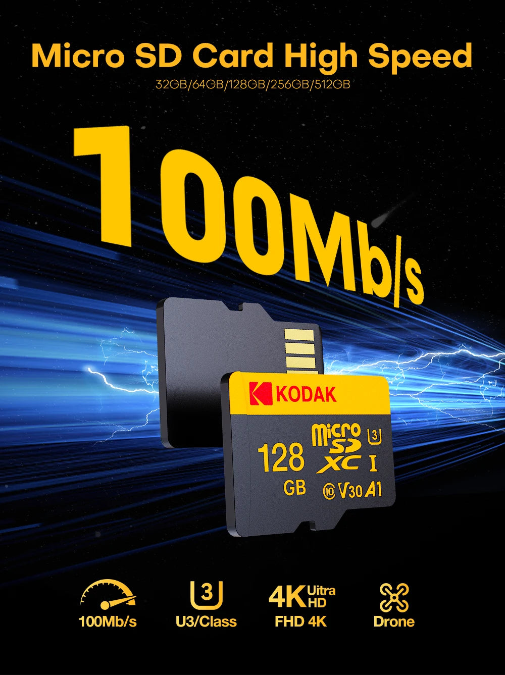 Kodak Micro SD Card Memory Card Class 10 32GB 64GB 128GB 256GB U3 4K High Speed Cartao De Memoria Flash Memory TF Mecard C10