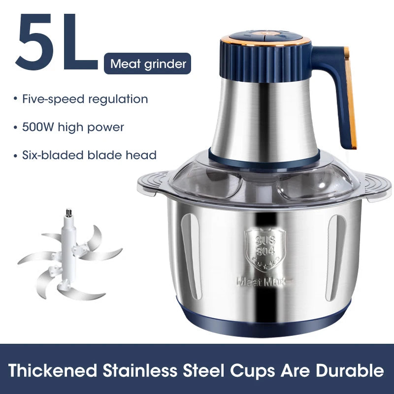 Electric Meat Grinder 5L Large Capacity Stainless Steel Multifunctional Meat and Vegetable Slicing Grinder Flour Mixer Kitchen