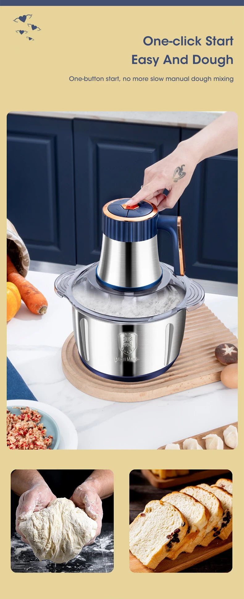Electric Meat Grinder 5L Large Capacity Stainless Steel Multifunctional Meat and Vegetable Slicing Grinder Flour Mixer Kitchen